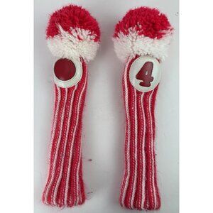 Vintage‎ Golf Club Head Covers Set of 2 Knit Pom Pom Red White Leather Patch GUC